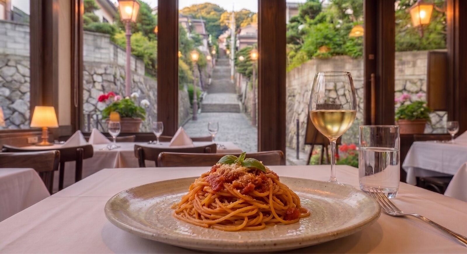 窓の外に石畳の坂道を望む席とトマトのパスタ